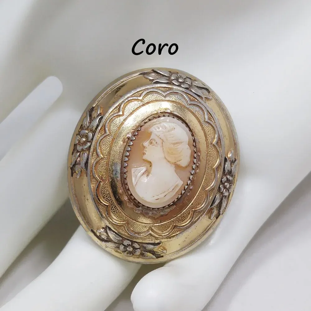 Coro Shell Carved Cameo Brooch, Gold Over Silver, 1950s Vintage Jewelry